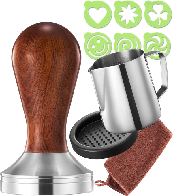 Practimondo Espresso Tamper Set - 51mm Tamper - Frothing Pitcher, Tamper and Espresso Accessories - Premium Barista Espresso Hand Tamper Set (51mm, Wooden Handle)