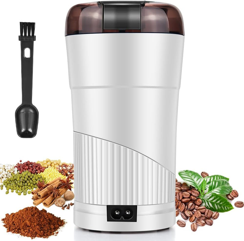 Finphoon Coffee Grinder Electric, Spice Grinder, Coffee Bean Herb Grinder with Integrated Brush Spoon, One-touch Push-Button Stainless Steel Grinding for Herb Peanut Grains Beans(Blue)