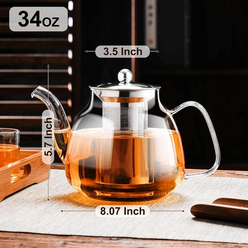 PARACITY Glass Teapot Stovetop 34 OZ, Borosilicate Clear Tea Kettle with Removable 18/8 Stainless Steel Infuser, Teapot Blooming and Loose Leaf Tea Maker Tea Brewer for Camping, Travel