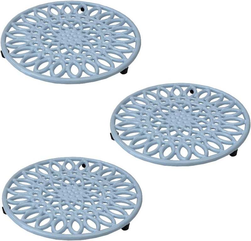 Home Basics Sunflower Collection Heavy-Duty Cast-Iron Trivet for Serving Hot Dish, Pot, Pans & Teapot on Kitchen Countertop Dinning Heat Resistant, Light Blue