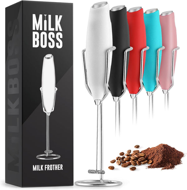 Milk Boss Powerful Milk Frother Handheld With Upgraded Holster Stand - Coffee Frother Electric Handheld Foam Maker - Milk Frother For Coffee, Lattes, Matcha & More - Electric Whisk Frother (White)