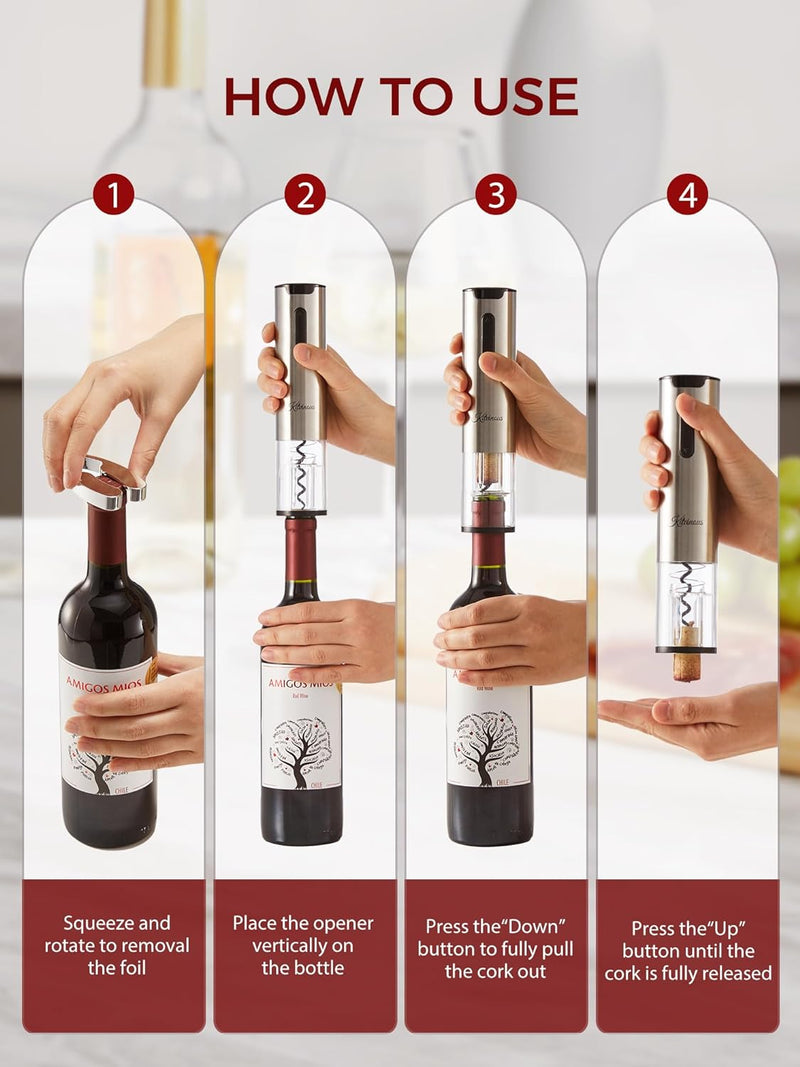 KITVINOUS Electric Wine Opener Set with Charging Base, Automatic Wine Bottle Opener with Led Light, Durable Corkscrew with Wine Aerator & Preserver Vacuum Pump with 2 Stoppers, Foil Cutter, Silver