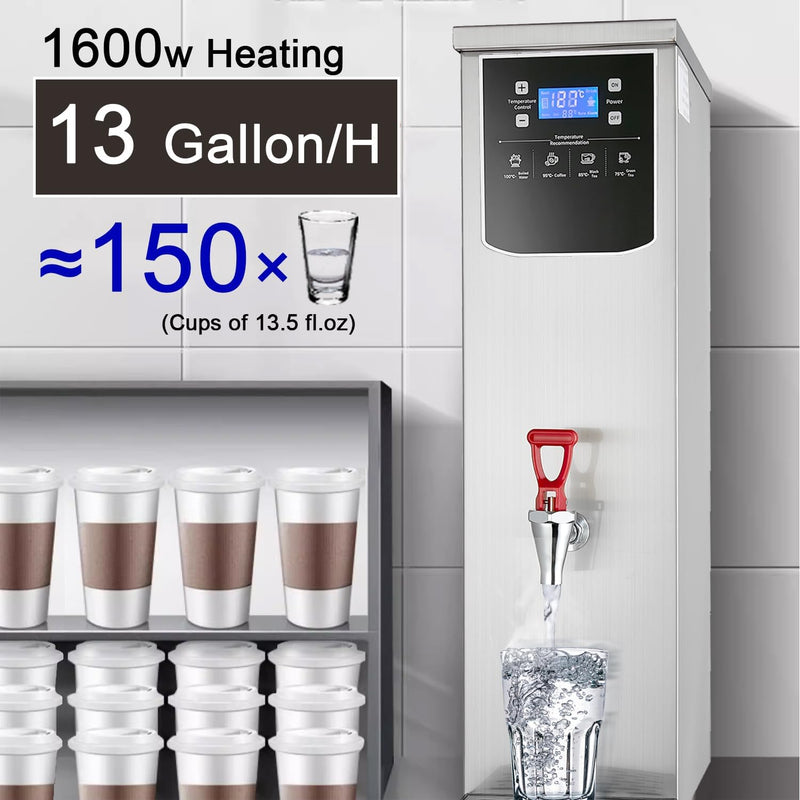 Commercial Hot Water Dispenser Commercial Water Boiler Large Capacity Electric Dispenser, 50L/13Gal Hot Water per Hour, Stainless Steel, 1600W Fast Heating for Tea Coffee Restaurant Hotel Office