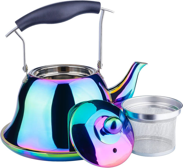 Onlycooker Whistling Tea Kettle Stainless Steel Stovetop Teakettle with Infuser Sturdy Teapot for Tea Coffee Fast Boiling Color Rainbow Mirror Finish 2 Liter / 2 Quart