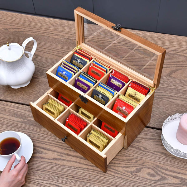 WELLAND Tea Box for Tea Bags Organizer, Tea Storage Chest with Clear Acrylic Window, 2-layer 14 Compartments Large Tea Organizer, Gift Idea