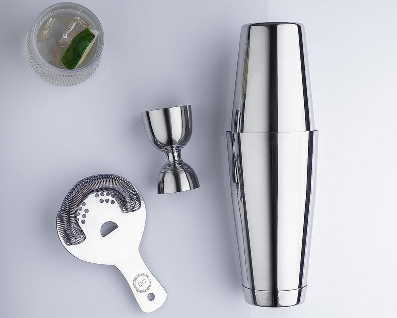 Derrison Premium Boston Shaker Set: Two-Piece Weighted and Unweighted Boston Shaker with Hawthorne Strainer and Bell Jigger, 18/28oz Stainless Steel Martini Drink Shaker, Heavy Duty Metal