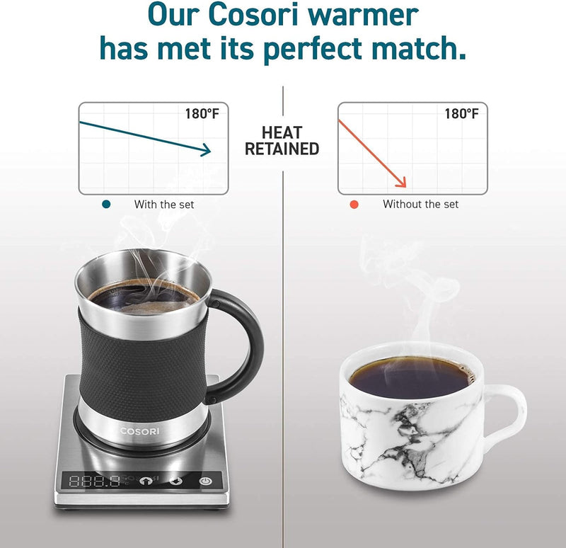 COSORI Coffee Mug Warmer & Mug Set for Desk, Cup Heater, Office & Christmas Gifts, 1°F Precise Temperature Control, Touch Tech & LCD Digital Display (77-194℉), 304 Stainless Steel