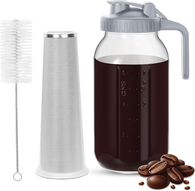 Cold Brew Coffee Maker, Mason Jar Pitcher, Heavy Duty Soda Lime Glass w/Stainless Steel Mesh Filter & Flip Cap Lid for Iced Coffee, Ice Lemonade, Fruit Drinks, Sun Tea - 64 oz