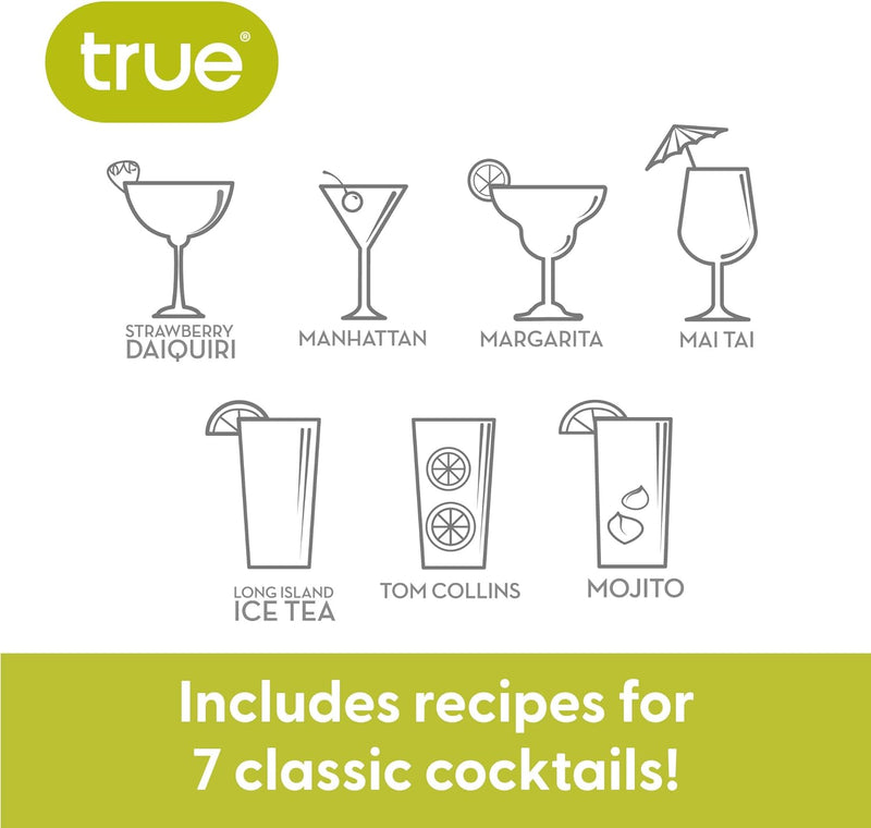 True Maraca Cocktail Recipe Shaker with Cap and Built In Strainer, 7 Drink Recipes with Measurements, Home Bar Accessories, Drink Mixer Handheld Bar Set, 16 oz.