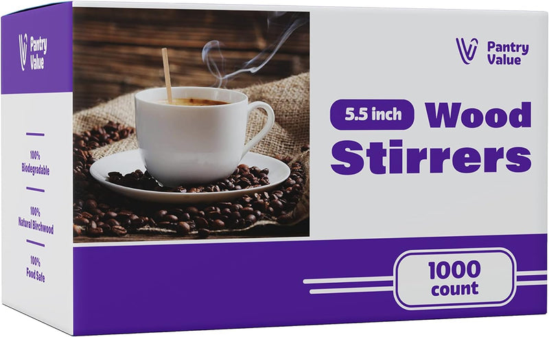 Pantry Value [1000 Count] 5 Inch Wooden Coffee Stirrers - Wood Stir Sticks