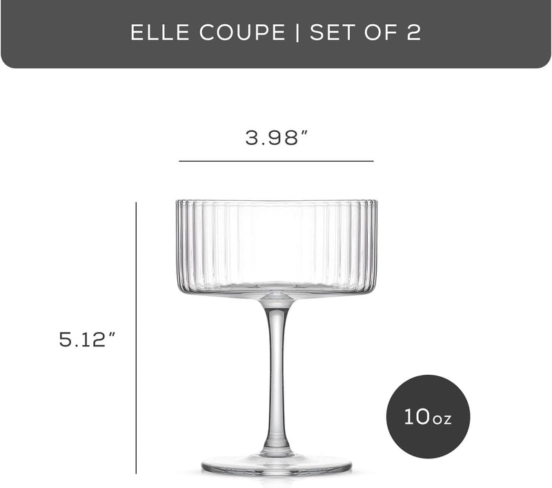 JoyJolt Fluted Ribbed Coupe Glasses – ELLE 10oz Cocktail Coupe Glasses Set of 2, Unique Champagne Coupe Glasses, Ribbed Martini Glass or Cocktail Glasses. Vintage Style Drinking Glasses