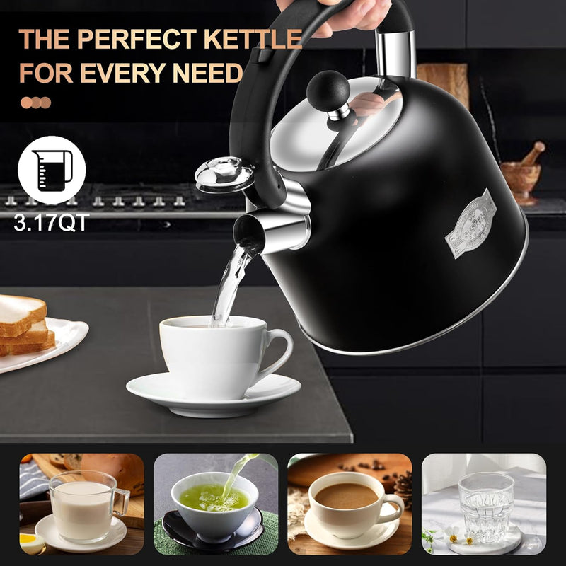 Tea Kettle - SUSTEAS 3.17QT Whistling Kettle with Ergonomic Handle - Premium Stainless Steel Tea Pots for Stove Top, Chic Vintage Teapot with Composite Base, Work for All Stovetops (Black)
