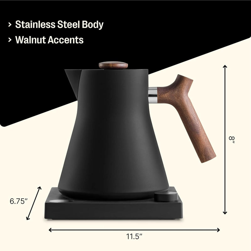 Fellow Corvo EKG Electric Tea Kettle - Electric Pour Over Coffee and Tea Pot-Quick Heating Electric Kettles-Temperature Control & Built-In Brew Timer-Matte Black with Walnut Handle-0.9 Liter