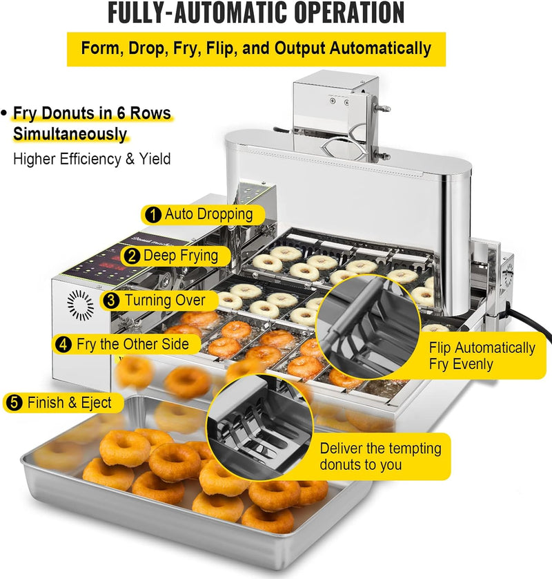 Commercial Donut Making Machine with 7L Hopper and 3 Sizes Molds 304 Stainless Steel Auto Fryer