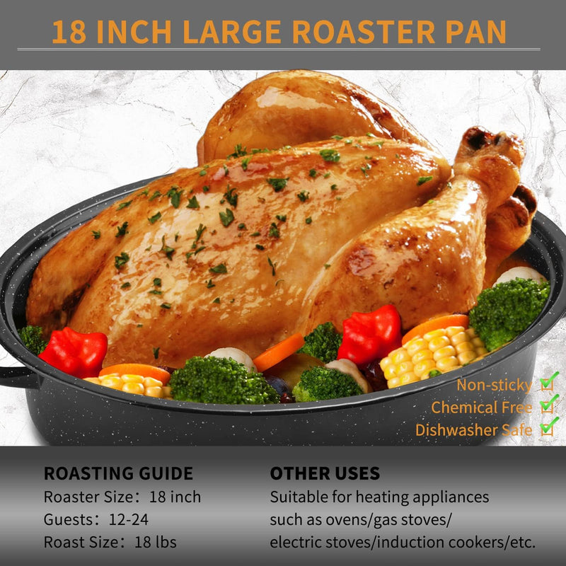 JY COOKMENT 19 Enameled Granite Roaster Pan with Domed Lid - Oval Turkey Roaster Pot Great for Turkey Chicken Lamb Vegetable - Dishwasher Safe 20Lb Capacity