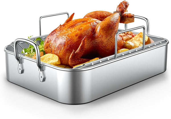 Stainless Steel Turkey Roaster with Rack - V-Shaped Flat Rack 1713 Inch - Perfect for Holiday Roasts and Lasagna