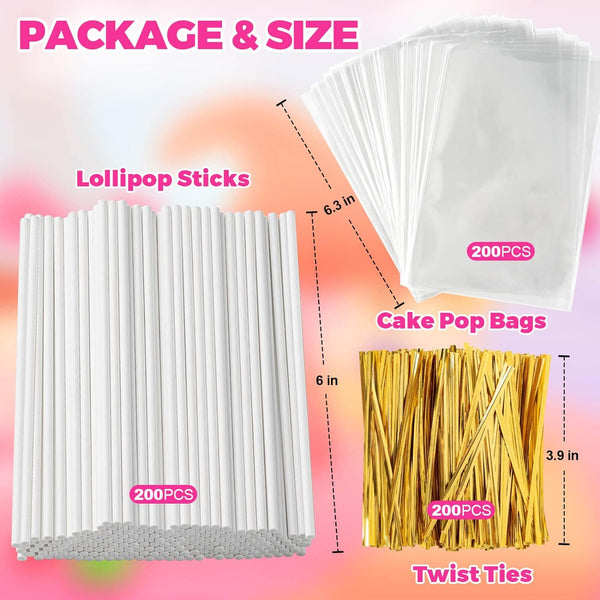 600Pcs Cake Pop Making Set with Lollipop Sticks Treat Bags and Gold Twist Ties