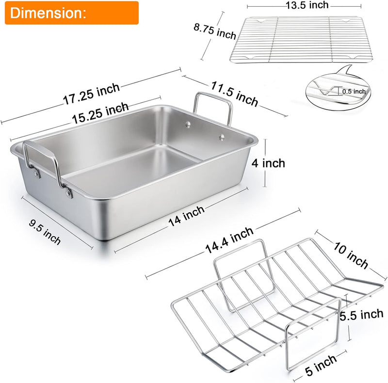 TeamFar 15-Inch Stainless Steel Roasting Pan  Rack Set - Large Turkey  Lasagna Roaster for ThanksgivingChristmas Healthy  Heavy Duty - Dishwasher Safe 3 PCS