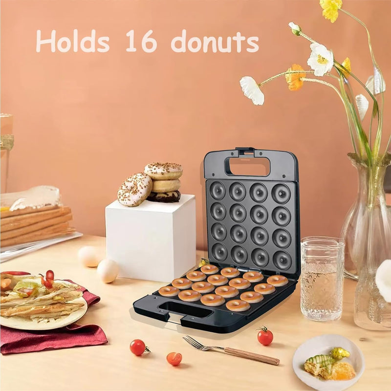 Mini Pancake and Donut Maker - Non-Stick Double-Sided Cake Machine - Makes 16 Doughnuts Black