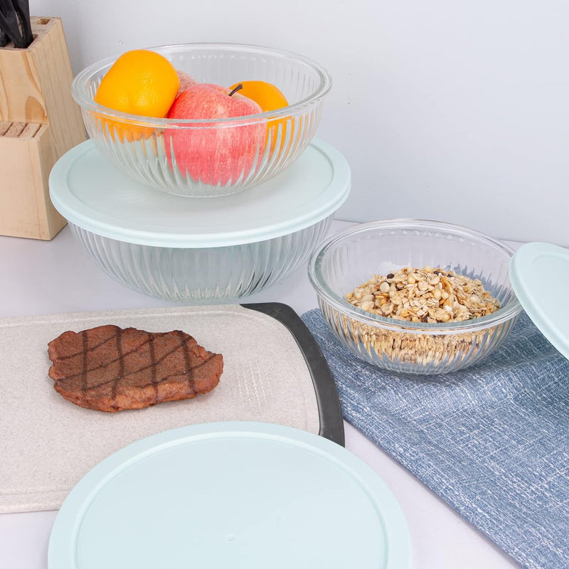 3PC Glass Mixing Bowl Set with Lids - Clear Dishwasher Safe for Kitchen Cooking and Baking