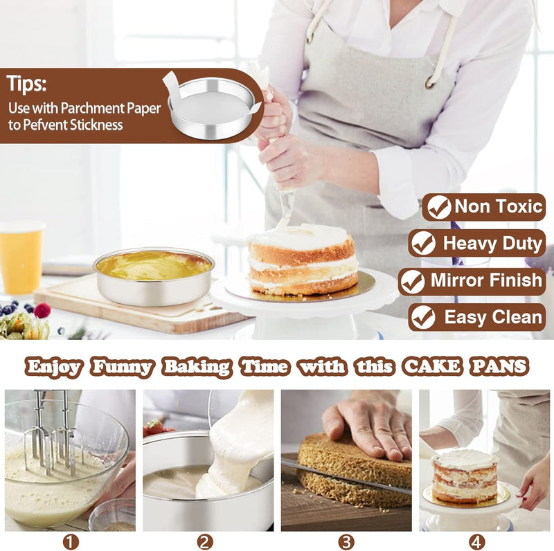 PP Chef 4 Stainless Steel Baking Pan Set for Mini Cakes Pizzas and Quiches - Non-Toxic Leakproof and Easy to Clean