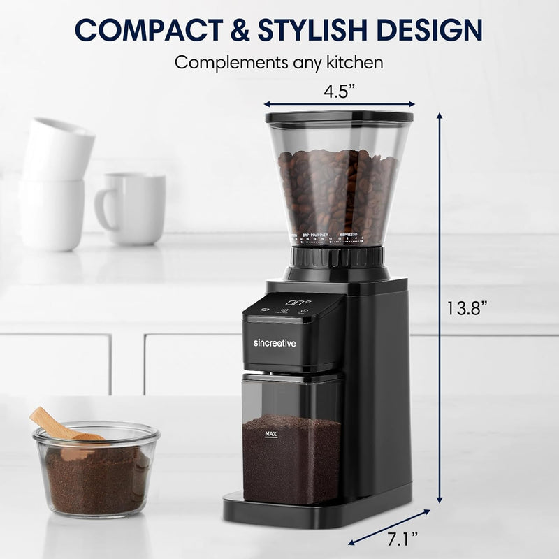 Sincreative Conical Burr Coffee Grinder, Anti-static Electric Coffee Bean Grinder with 48 Grind Settings, Large Touchscreen Automatic Espresso Grinder for Espresso, Drip Coffee and French Press