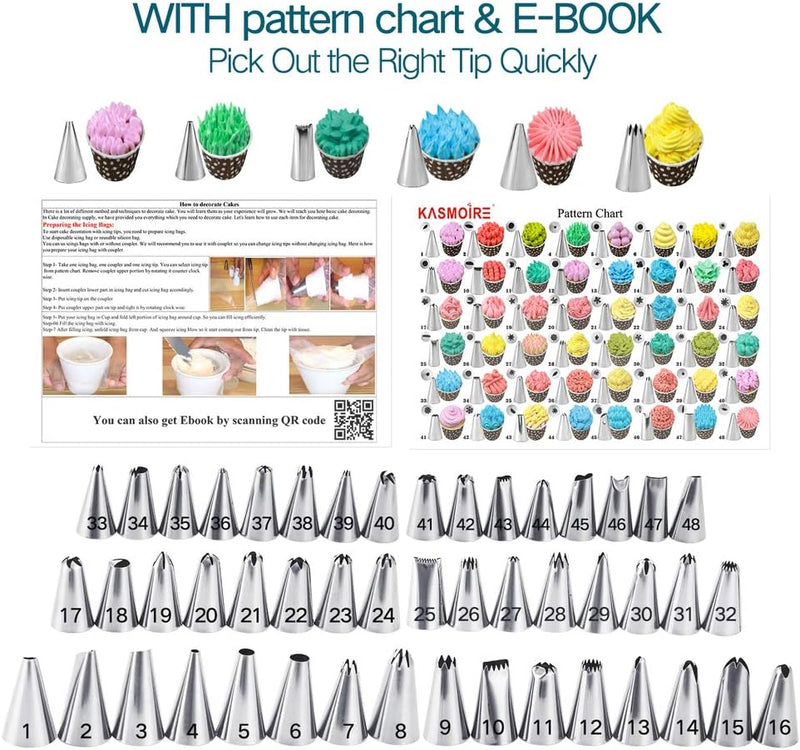 Kasmoire 70-Piece Cake  Cupcake Decorating Kit with Reusable Bag  Pattern Chart