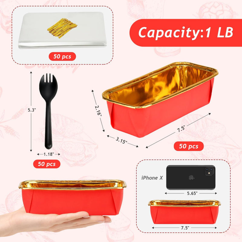 Free-Air 1 LB Mini Loaf Pans 50 Pack, Disposable Small Bread Loaf Baking Tins Liners,Small Cake Tins Bread Mold Containers With 50 Bags For Individual Bread Loaves, Cheesecake-Red