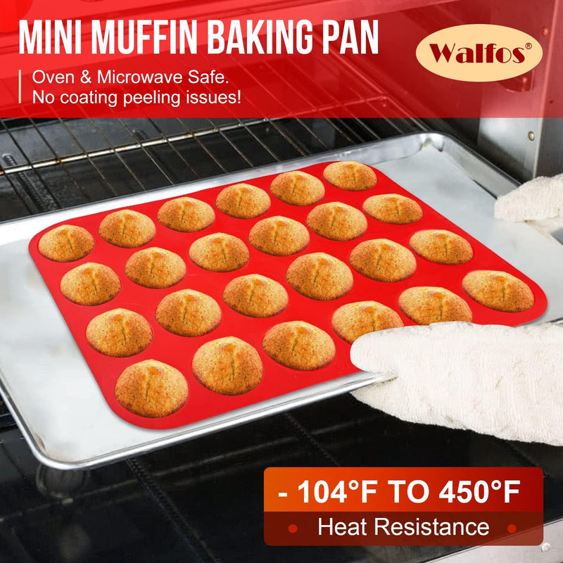 Walfos Silicone Cupcake Pan Set - 2-Piece Mini 24-Cup Muffin Baking Pan - BPA Free Dishwasher Safe - Non-Stick - Great for Muffin Cakes Fat Bombs