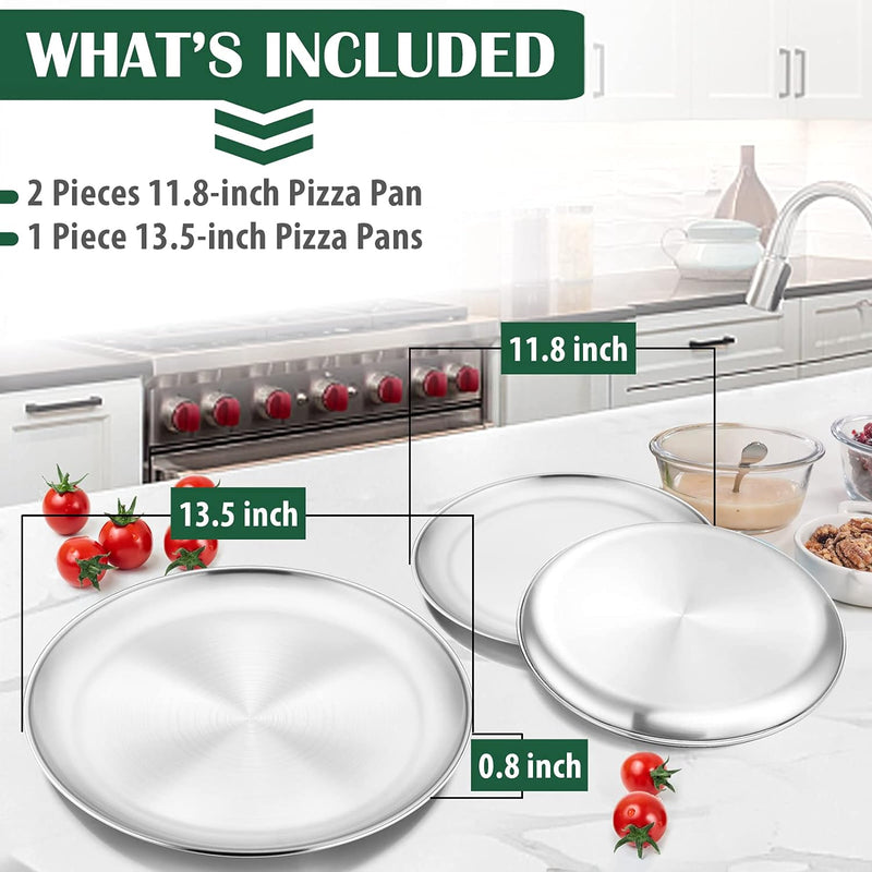 Stainless Steel Pizza Pan Set of 2 - 13 Round Tray for Pizza Pie Cookie and Cake