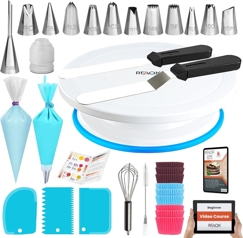 RFAQK 64-Piece Cake Decorating Kit with Turntable Tips Spatulas and Bags