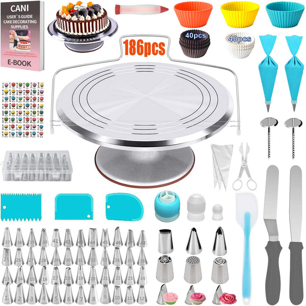 186 PCS Cake Decorating Kit with Turntable Piping Tips Spatulas Baking Supplies