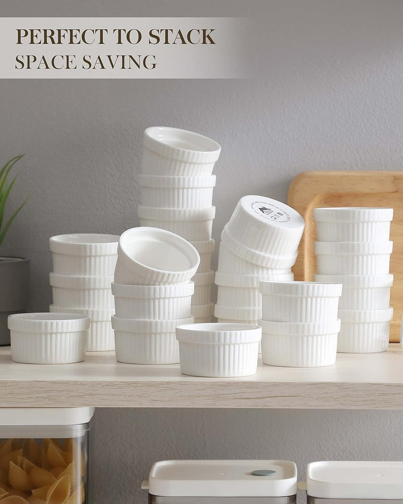 MALACASA 2 oz Creme Brulee Ramekins - Set of 12 Ceramic White Dipping Bowls Dishwasher Safe
