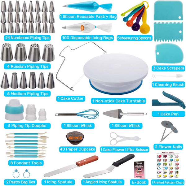Cake Decorating Kit - 207 Pcs with Turntable Piping Bags Russian Tips Spatula  Tools
