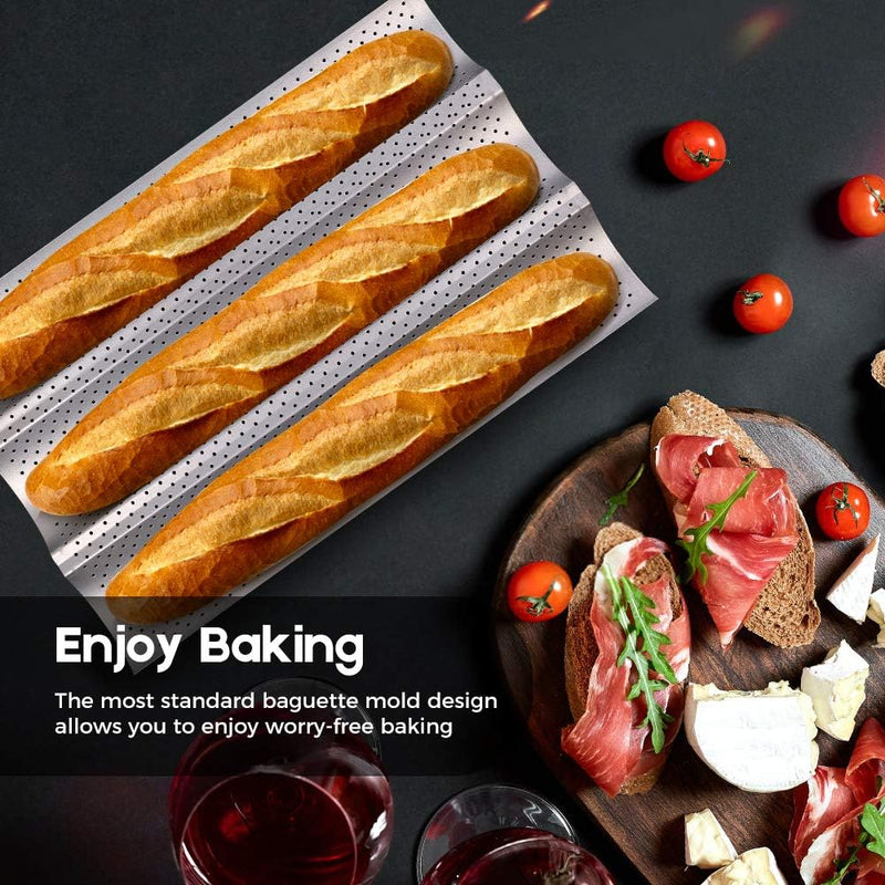 AMAGABELI Nonstick Baguette Pan for French Bread Baking - 15 x 13 Perforated Mold with 4 Gutter Oven Toaster Cloche Silver