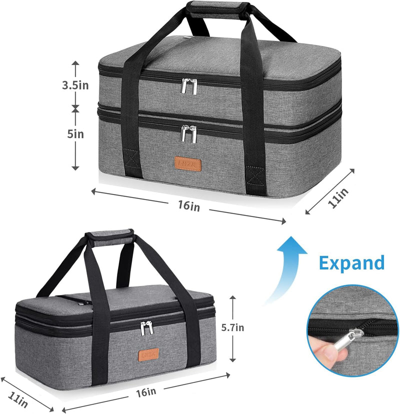 Insulated Double Decker Casserole Carrier - HotCold Food Expandable Grey