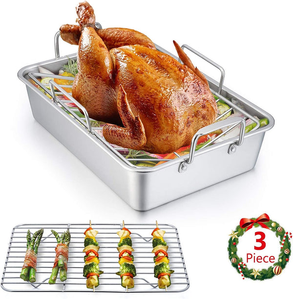 Stainless Steel Roasting Pan 14 Inch Turkey Roaster with Rack  Baking Set Dishwasher Safe
