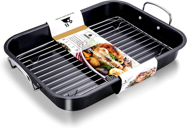HONGBAKE Nonstick Roasting Pan with Flat Rack and Stainless Steel Handles 16 x 11Inch