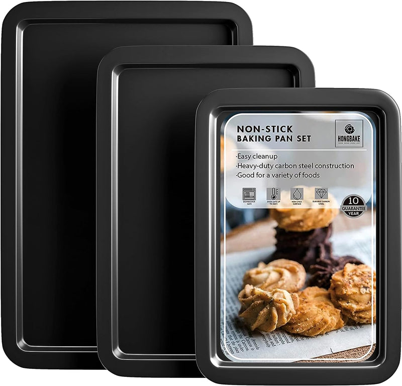 HONGBAKE Baking Sheet Pan Set - Nonstick Bakeware with Wider Grips 3 Pack Dishwasher Safe