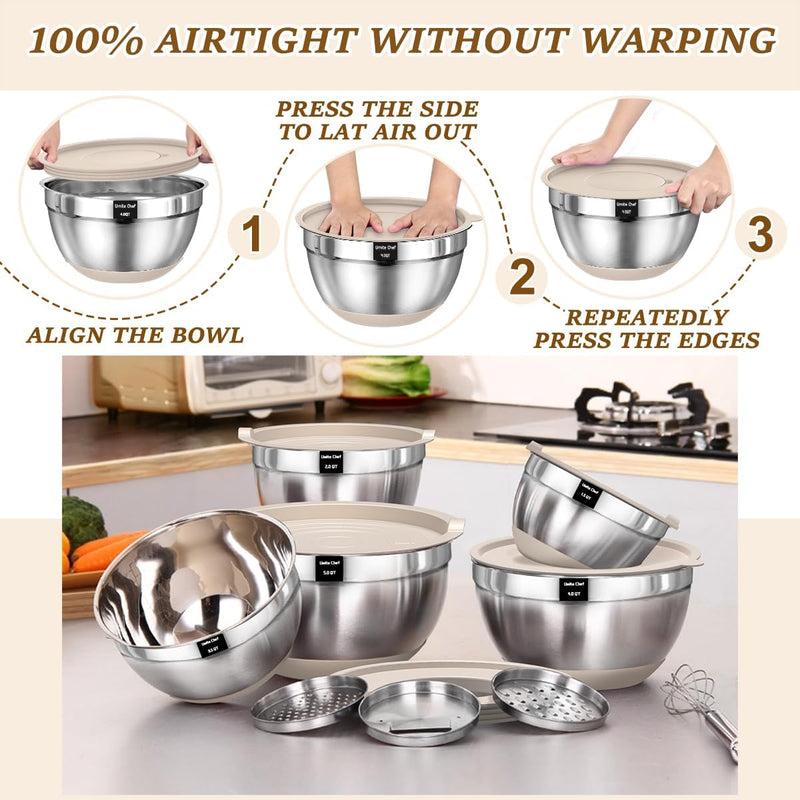 Umite Chef Mixing Bowls Set with Airtight Lids Stainless Steel 8PCS Khaki Non-Slip Bottoms Grater Attachments Sizes 5-15QT