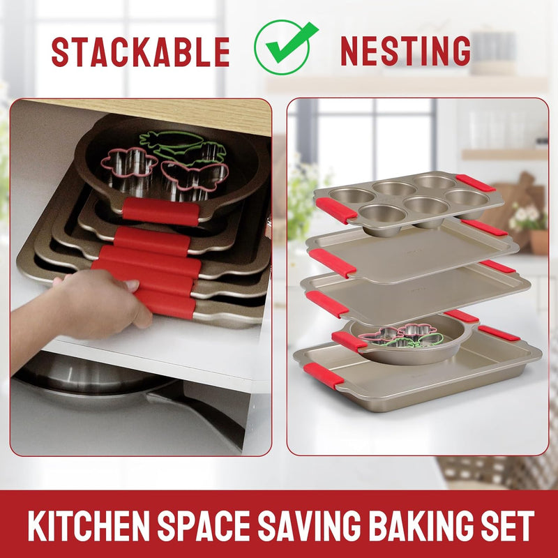 Deluxe Nonstick Bakeware Set with Removable Silicone Grips - 9-Piece