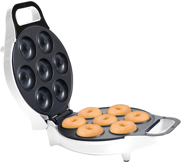 Chef Buddy Mini Donut Maker - Nonstick Baking Machine for 7 Mini Doughnuts - Includes Glazing and Sprinkling Options White