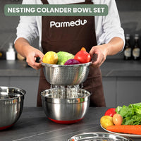 Parmedu 5-in-1 Multifunction Large 304 Stainless Steel Mixing Bowl Set, 3 Deep Nesting Salad Bowls Size 4QT, 3QT, 2.5QT & Colander & Grater, Model CK001