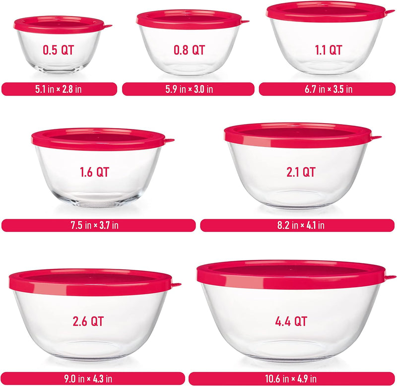 Collapsible Glass Mixing Bowls - 5 Stackable with Lids Microwave Safe Bamboo Salad  Baking Bowls