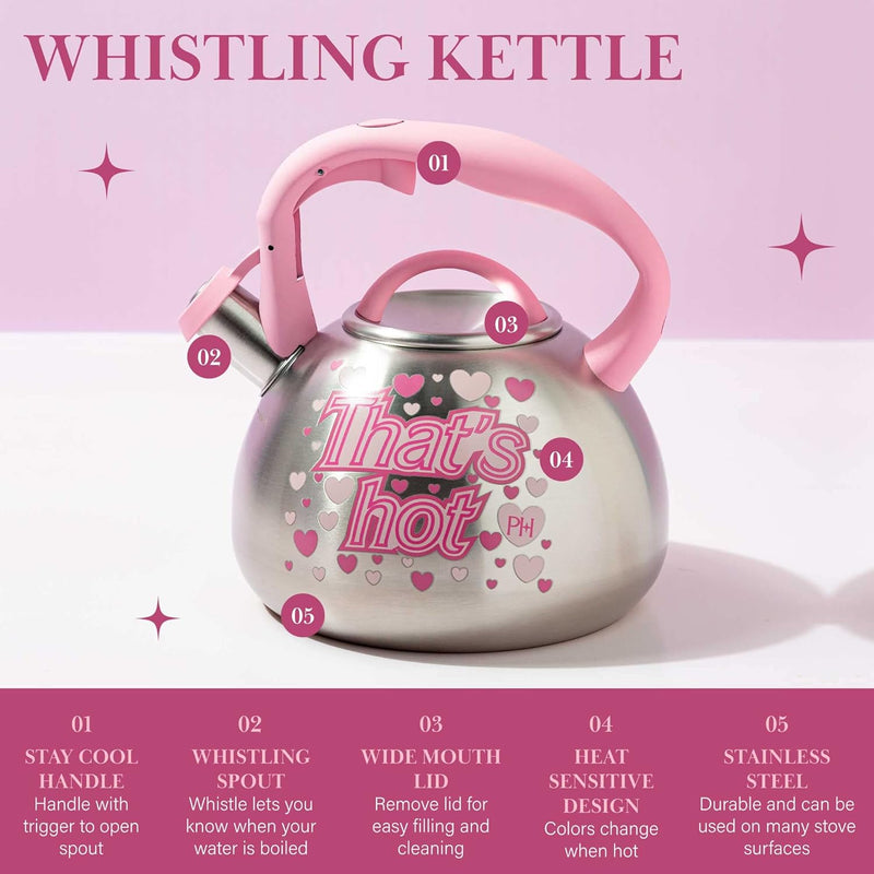Paris Hilton Color Changing Tea Kettle Stainless Steel Soft Touch Handle 25-Quart Pink
