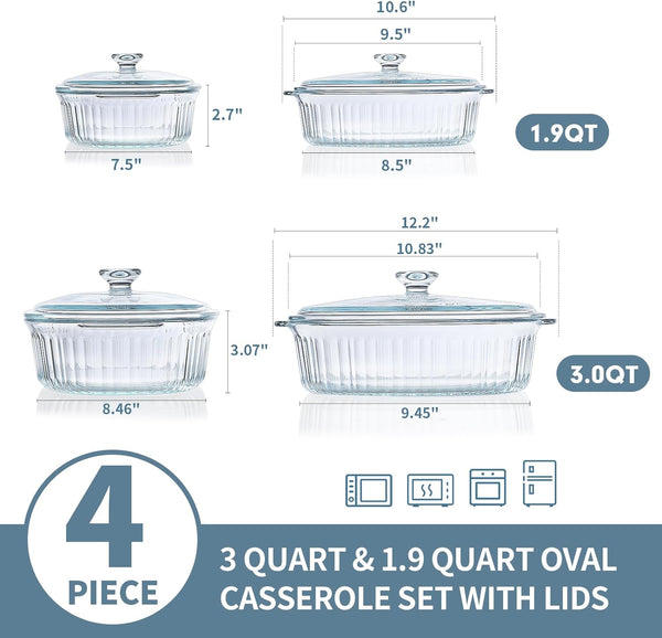 M MCIRCO 4-Piece Glass Casserole Baking Dish Set With Glass Lids, Deep Glass Bakeware Set, 1.9 Qt and 3 Qt Casserole Dishes, for Casseroles, Leftovers, Cooking, Kitchen, Freezer-to-Oven and Dishwasher