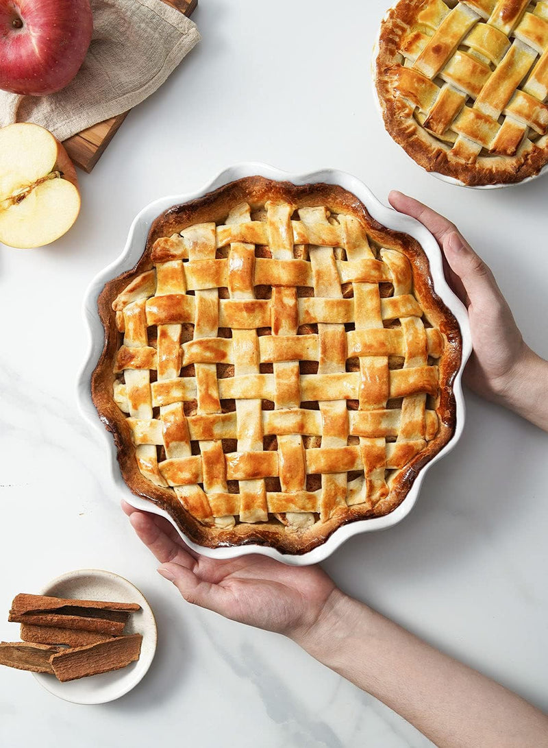 Ceramic Deep Dish Pie Pans - Set of 2 White with Ruffled Edge