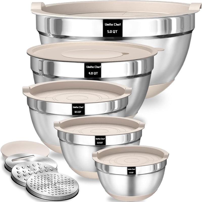 Umite Chef Mixing Bowls Set with Airtight Lids Stainless Steel 8PCS Khaki Non-Slip Bottoms Grater Attachments Sizes 5-15QT