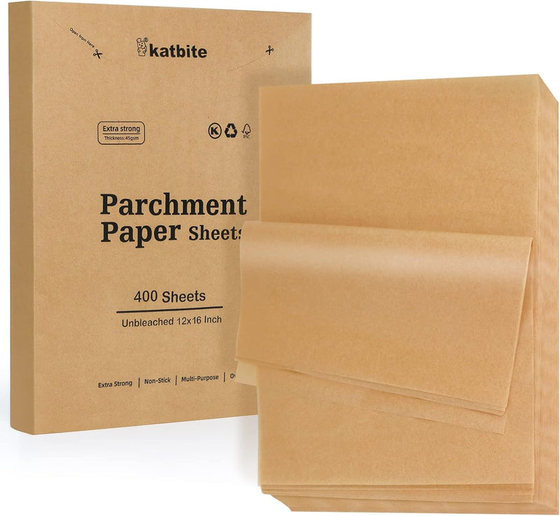 Katbite 200Pcs 12x16 In Unbleached Parchment Paper for Baking - Heavy Duty Precut Sheets for Oven Air Fryer Cookies