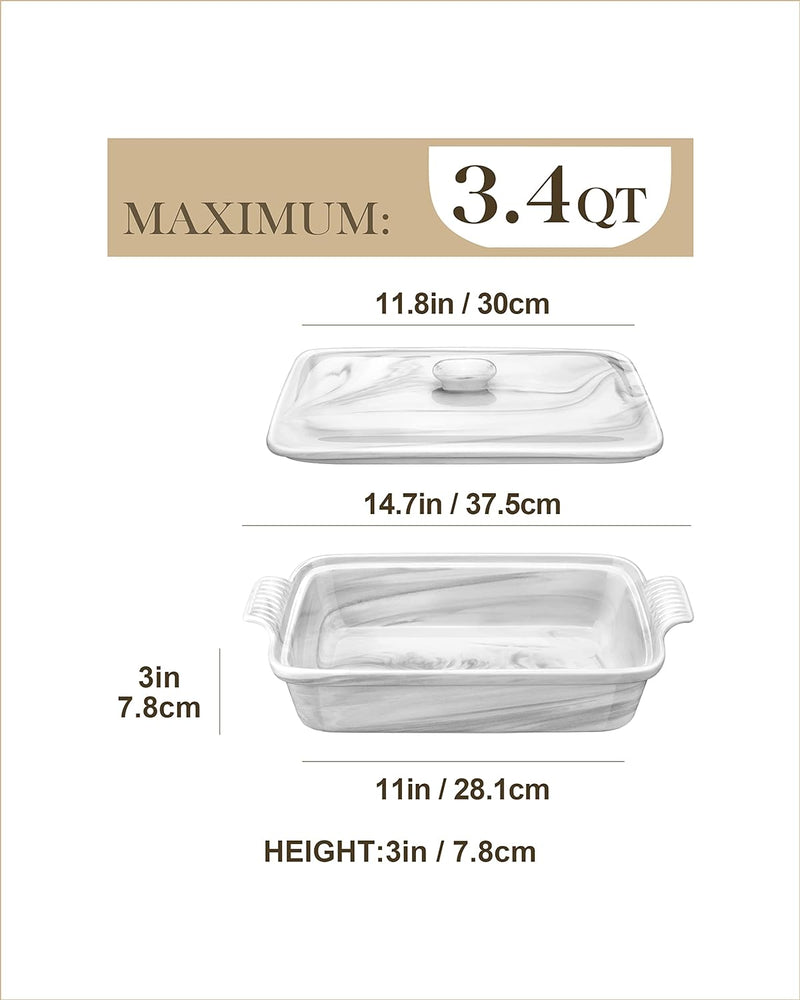 MALACASA Ceramic Covered Casserole Dish Set - 34 Quart Baking Dish  Lid - Microwave Oven Dishwasher Safe - 12 x 89 x 3 inch - Mothers Day Gift